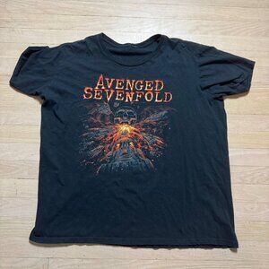 Vintage Avenged Sevenfold T-Shirt Skull Bat Wings Castle Fire Black 2XL Band Te